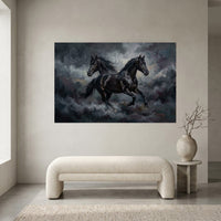 Dynamic Black Horses Oil Painting Style Canvas Print Wall Art for Modern Decor - Mockup Display 1