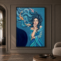 Mystical Woman & Koi Fish Oil Painting Style Canvas Print Wall Art, Serene Decor - Mockup Display 1