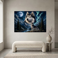 Majestic Husky Dog Oil Painting Style Moonlight Aurora Canvas Print Wall Art - Mockup Display 1