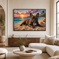 French Bulldog in Glasses on Tropical Sunset Beach Oil Painting Style Canvas Print Wall Art - Mockup Display 1