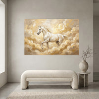 White Horse Galloping Oil Painting Style Canvas Print Wall Art, Golden Clouds - Mockup Display 1