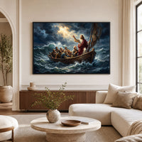 Jesus Calming the Storm Dramatic Oil Painting Style Canvas Print Wall Art - Mockup Display 1
