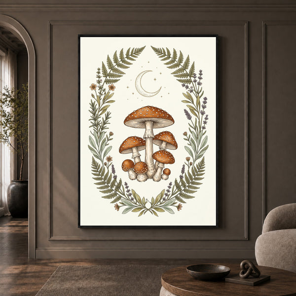 Whimsical Mushroom & Fern Botanical Illustration Canvas Print Wall Art, Cottagecore Decor - Mockup Display 1