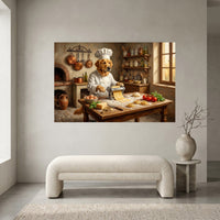 Golden Retriever Chef Pasta Oil Painting Style Canvas Print Wall Art Rustic Kitchen Decor - Mockup Display 1