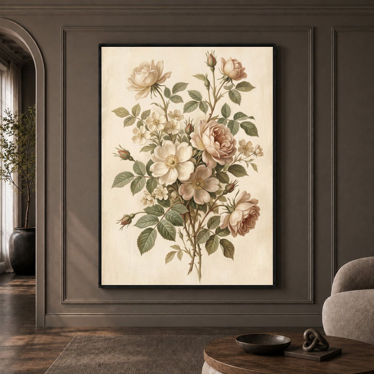 Vintage Floral Rose Bouquet Oil Painting Style Canvas Print Wall Art for Home - Mockup Display 1