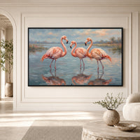 Three Pink Flamingos Oil Painting Style Canvas Print Wall Art, Serene Decor - Mockup Display 1