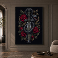Intricate Dark Fantasy Snake & Dagger Roses Canvas Print Wall Art, Ornate Elegance - Mockup Display 1