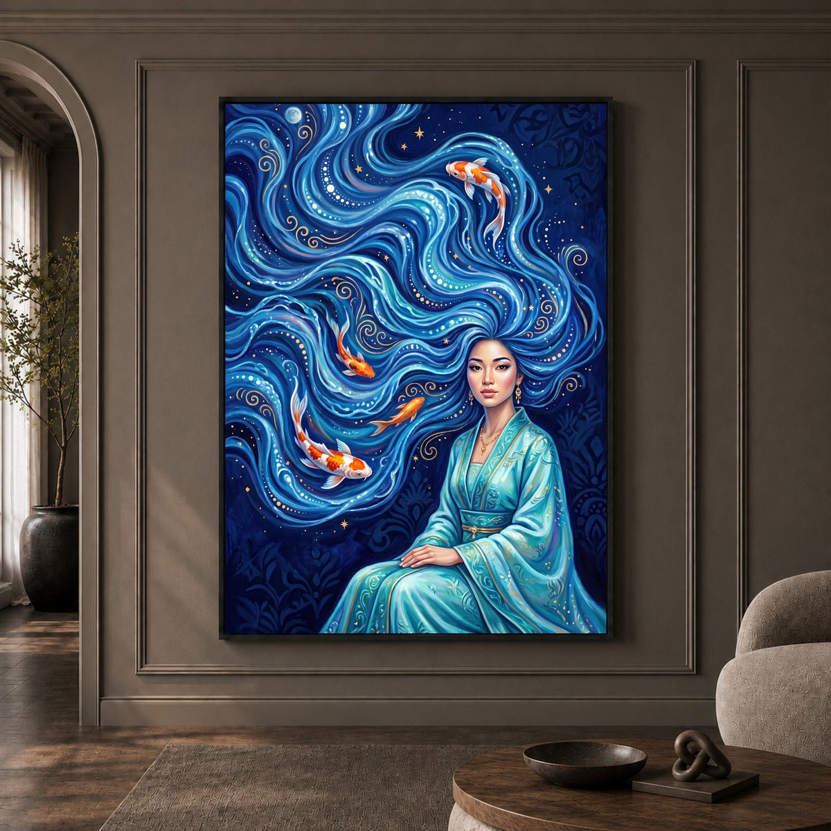 Elegant Woman with Flowing Water Hair Koi Fish Artistic Canvas Print Wall Art - Mockup Display 1