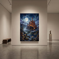 Enchanted Fantasy Castle Oil Painting Style Canvas Print Wall Art Night View - Mockup Display 1