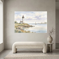 Lighthouse Coastal Seascape Watercolor Style Canvas Print Wall Art, Nautical Decor - Mockup Display 1