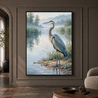 Great Blue Heron Oil Painting Style Canvas Print Wall Art, Serene Waterside Decor - Mockup Display 1