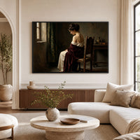 Contemplative Woman in Red Shawl, Classical Oil Painting Style Canvas Print Wall Art, Elegant. - Mockup Display 1