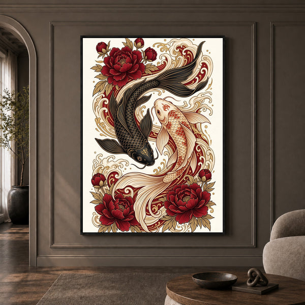 Yin Yang Koi Fish Peony Japanese Art Style Canvas Print Wall Art, Elegant Decor - Mockup Display 1