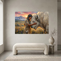 Native Woman & White Bison Oil Painting Style Canvas Print Wall Art, Spiritual Serenity - Mockup Display 1