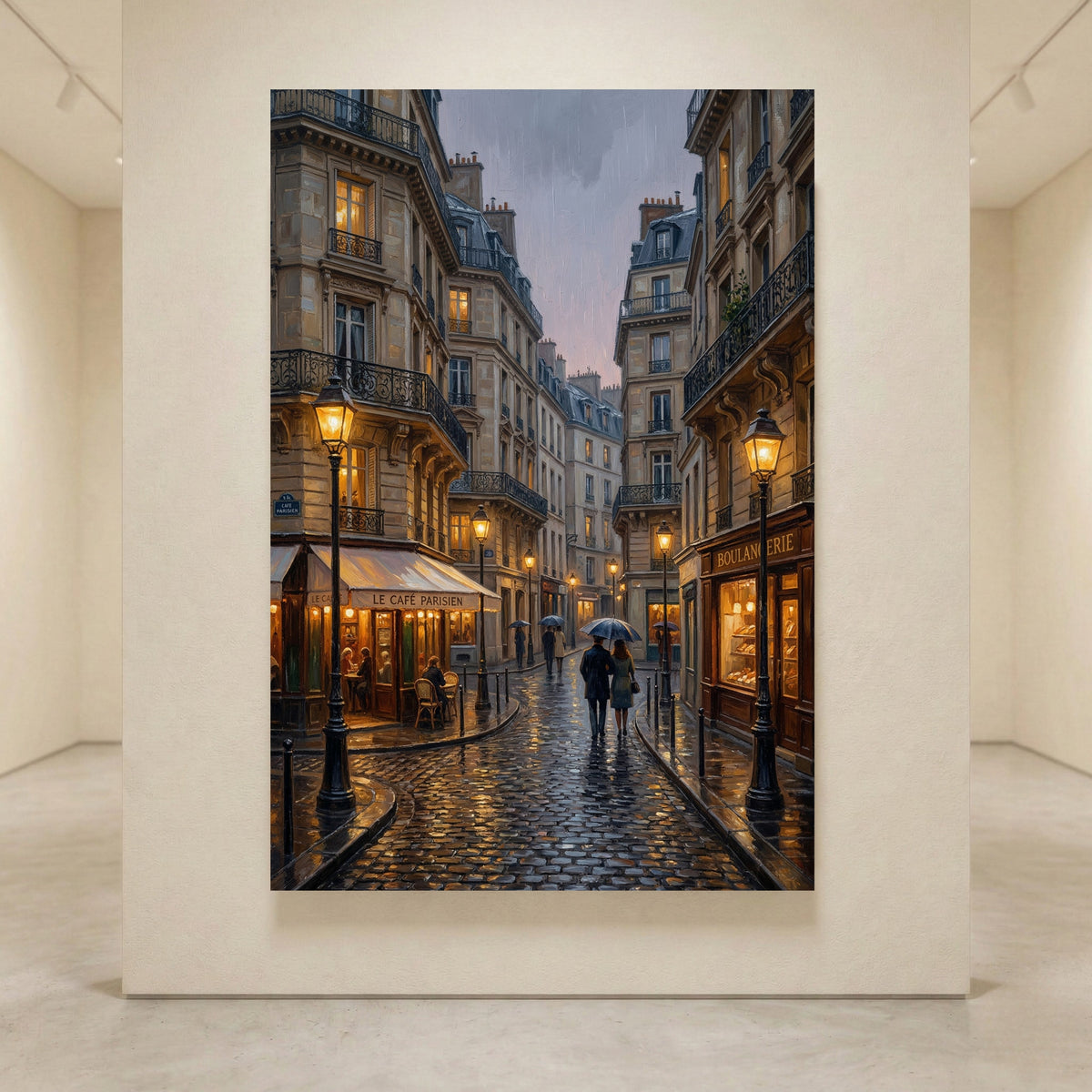 Paris Street Stretched Canvas Wall Art, Rainy City Print, Elegant Urban Decor