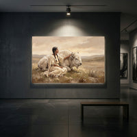 Native American Woman & White Buffalo Oil Painting Style Canvas Print Wall Art, Serene Landscape - Mockup Display 1