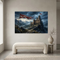 Dramatic Mountain Castle Libertas with Flags Canvas Print Wall Art, Epic Landscape. - Mockup Display 1