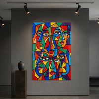 Geometric Faces Stretched Canvas Wall Art, Colorful Modern Portrait Print, Bold Living Room Decor