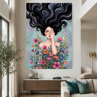 Mystical Woman with Vibrant Flowers Artistic Canvas Print Wall Art, Dreamy Portrait - Mockup Display 2