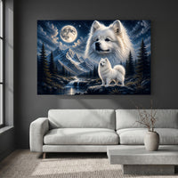 Fluffy White Samoyed Dogs Mountain Night Canvas Print Wall Art Decor - Mockup Display 2