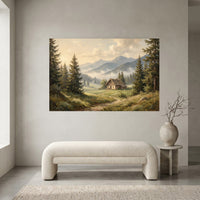 Misty Mountain Valley Cabin Oil Painting Style Canvas Print Wall Art Scenic Decor - Mockup Display 2