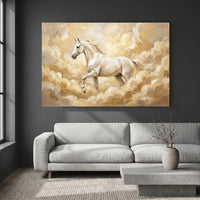 White Horse Galloping Oil Painting Style Canvas Print Wall Art, Golden Clouds - Mockup Display 2