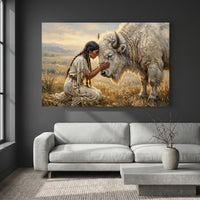 Native American Woman White Buffalo Oil Painting Style Canvas Print Wall Art, Spiritual Decor - Mockup Display 2
