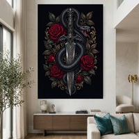 Intricate Dark Fantasy Snake & Dagger Roses Canvas Print Wall Art, Ornate Elegance - Mockup Display 2