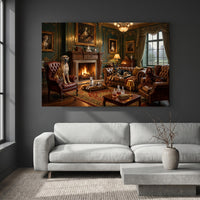 Aristocratic Dogs in Grand Living Room Oil Painting Style Canvas Print Wall Art, Elegant Decor - Mockup Display 2