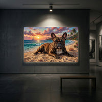 French Bulldog in Glasses on Tropical Sunset Beach Oil Painting Style Canvas Print Wall Art - Mockup Display 2