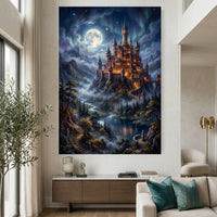 Enchanted Fantasy Castle Oil Painting Style Canvas Print Wall Art Night View - Mockup Display 2