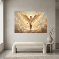 Serene Angel and Child Oil Painting Style Canvas Print Wall Art, Inspiring Divine Glow - Mockup Display 2