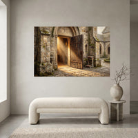 Ancient Church Entrance Sunlit Path Oil Painting Style Canvas Print Wall Art - Mockup Display 2