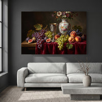 Opulent Still Life Fruit & Flower Oil Painting Style Canvas Print Wall Art Décor - Mockup Display 2
