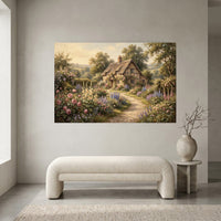Charming English Cottage Garden Oil Painting Style Canvas Print Wall Art, Rustic Charm - Mockup Display 2