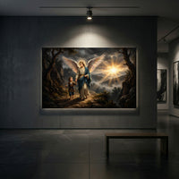 Divine Guardian Angel & Child Oil Painting Style Canvas Print Wall Art, Serene Landscape - Mockup Display 2