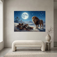 Desert Night Lion and Sleeping Man Oil Painting Style Canvas Print Wall Art - Mockup Display 2