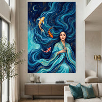 Mystical Asian Woman Koi Fish Oil Painting Style Canvas Print Wall Art, Elegant Decor - Mockup Display 2