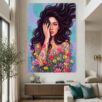 Dynamic Woman Floral Portrait Oil Painting Style Canvas Print Wall Art, Elegant - Mockup Display 2