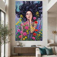 Mystic Woman Floral Canvas Print Wall Art with Flowing Hair, Vibrant Garden Style - Mockup Display 2