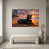 Cool Rottweiler Dog Oil Painting Style Canvas Print Wall Art, Tropical Sunset - Mockup Display 2