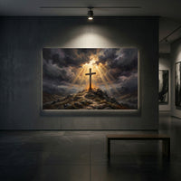Dramatic Cross on Hill Oil Painting Style Canvas Print Wall Art, Spiritual Light - Mockup Display 2