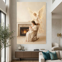 Serene Mother & Baby with Guardian Angel Oil Painting Style Canvas Print Wall Art - Mockup Display 2