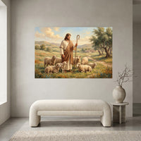 Jesus Christ Good Shepherd Oil Painting Style Canvas Print Wall Art, Inspirational Decor - Mockup Display 2
