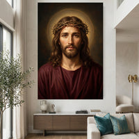 Jesus Christ Crown of Thorns Realistic Spiritual Portrait Canvas Print Wall Art - Mockup Display 2