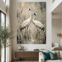 Elegant White Cranes Oil Painting Style Canvas Print Wall Art, Serene Decor - Mockup Display 2