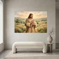 Jesus Christ Good Shepherd Oil Painting Style Canvas Print Wall Art, Spiritual Decor - Mockup Display 2
