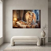 Guardian Angel Watching Child Oil Painting Style Canvas Print Wall Art, Serene Home Decor - Mockup Display 2