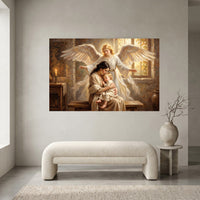 Guardian Angel Protecting Mother and Child Oil Painting Style Canvas Print Wall Art, Serene - Mockup Display 2