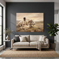 Native American Woman & White Buffalo Oil Painting Style Canvas Print Wall Art, Serene Landscape - Mockup Display 2
